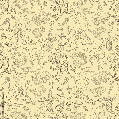 contour seamless illustration_18_of the pattern of small dinosaurs and trees  plants  stones  for design in the style of Doodle