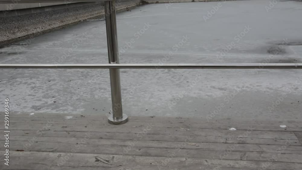 Brilliant metal railings on the bank of a frozen pond Brilliant metal railings on the bank of a frozen pond