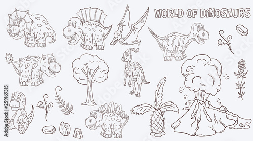contour illustration coloring of small dinosaurs and trees, plants, stones, for design in the style of Doodle