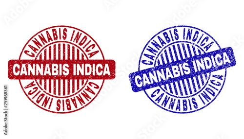 Grunge CANNABIS INDICA round stamp seals isolated on a white background. Round seals with grunge texture in red and blue colors.
