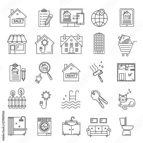 Vector set of Real Estate related line style icons. Outline linear buildings, house and flat rent and sale web symbols set.
