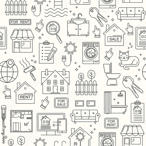 Seamless vector real estate line style pattern. Linear background with sale and rent buildings, house, flat and room. 