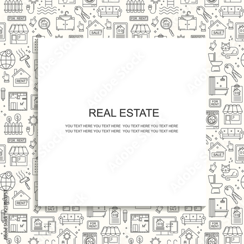 Seamless vector real estate line style pattern. Linear background with sale and rent buildings, house, flat and room. 