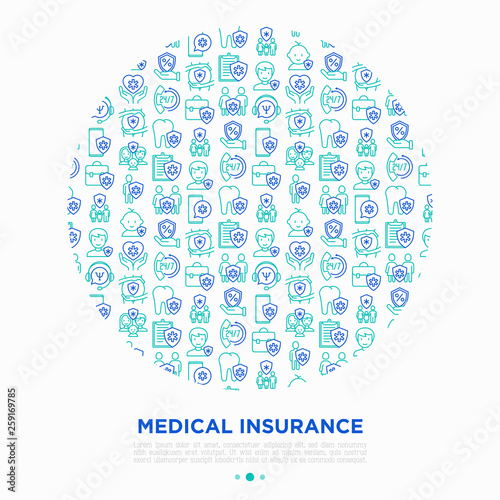 Medical insurance concept in circle thin line icons: policy, life insurance, psychological support, maternity program, 24/7 support, mobile app, telemedicine. Vector illustration for print media.