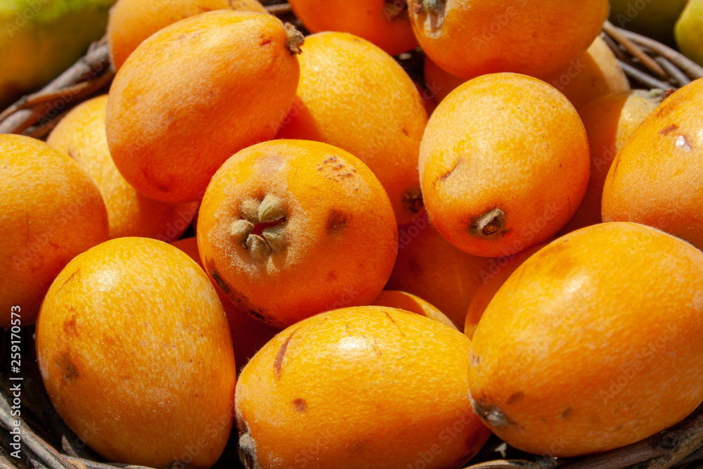 Sweet spring summer fruit, fresh loquat in a basket, close up lighted by sun Sweet spring summer fruit, fresh loquat in a basket, close up lighted by sun