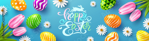 Happy Easter Poster and template with colorful Easter Eggs and flower on wood table background.Handwriting inscription Easter Day.Promotion and shopping template for Easter Day.Vector EPS10