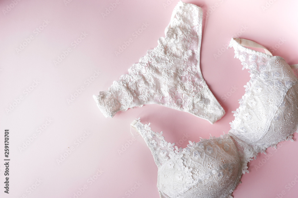 elegant pentie and bra , women underwear on pink background. Copy space.  Beauty blogger concept. Romantic lingerie for Valentine's day temptation.  fashion concept. Stock Photo | Adobe Stock