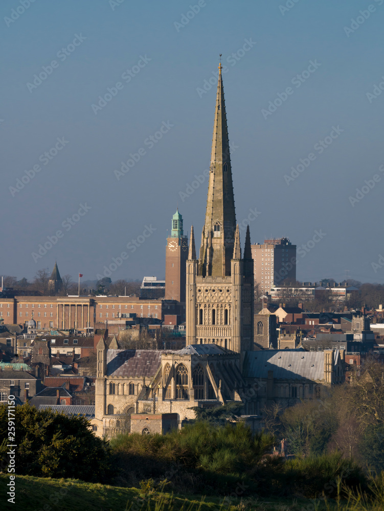 Norwich Cathedral spire stands tall above city, Norfolk, England, UK