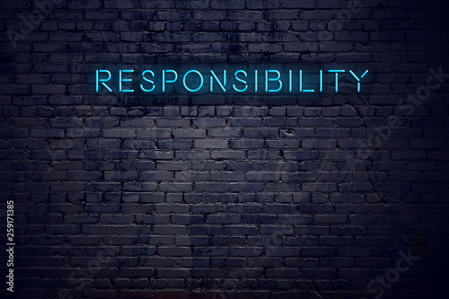 Brick wall and neon sign with text responsibility
