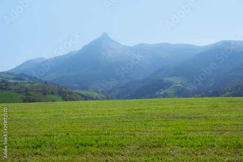 Spring mountain landscape and green meadow, Lazkaomendi, Txindoki