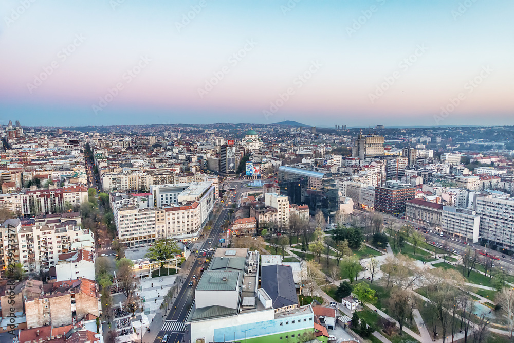 Belgrade, Serbia March 31, 2019: Panorama of Belgrade. The photo shows the Slavija Square, the Belgrade municipality of Vracar, the temple of St. Sava and the narrow center of the city.