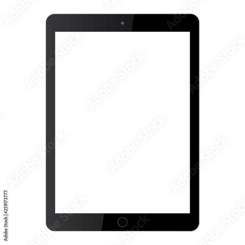 Black tablet, notepad  or PAD with grey screen. Pad or tablet  with blank screen. Tablet or pad with blank white screen, front view.