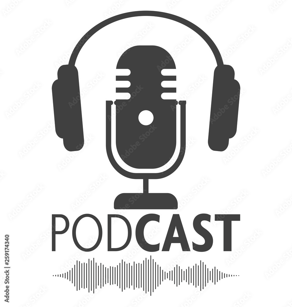 podcasting symbol with microphone, headphone and audio waveform