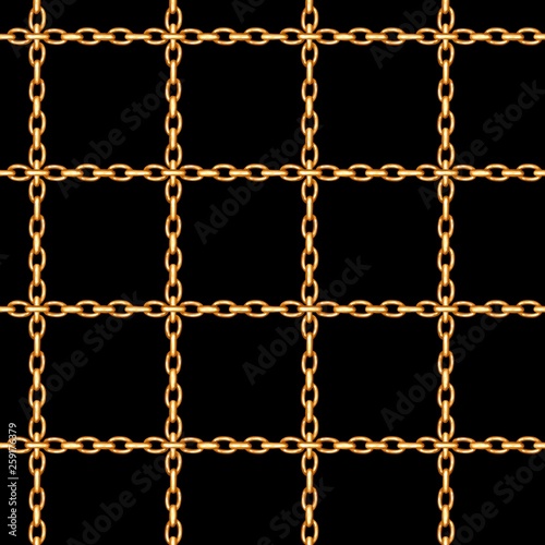 Seamless pattern with crossed golden chains on black. Jewelry background.