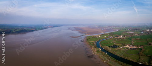 Aerial view of the Historic tidal river bank erosion protection scheme at Purton Hulks, Gloucestershire, UK