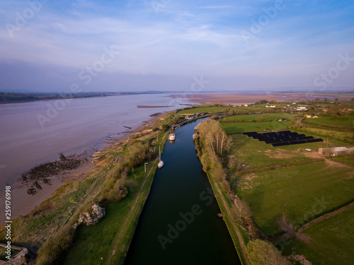 Aerial view of the Historic tidal river bank erosion protection scheme at Purton Hulks, Gloucestershire, UK