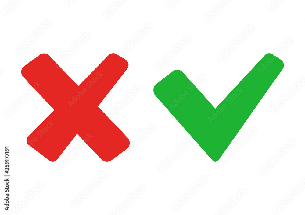 Green check mark and red cross. Right and wrong. Vector illustration Green check mark and red cross. Right and wrong. Vector illustration
