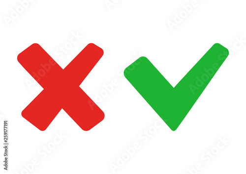 Green check mark and red cross. Right and wrong. Vector illustration
