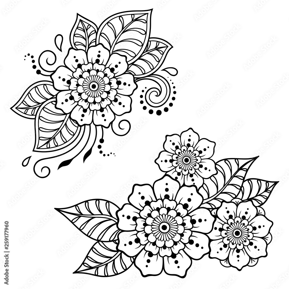 Set of Mehndi flower pattern for Henna drawing and tattoo. Decoration in ethnic oriental, Indian style. Set of Mehndi flower pattern for Henna drawing and tattoo. Decoration in ethnic oriental, Indian style.