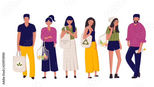 Zero waste lifestyle concept. Colorful poster with people and reusable, string bags isolated on white background. Vector illustration.