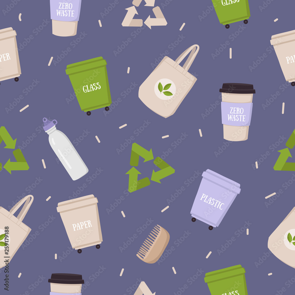 Zero waste lifestyle concept. Seamless pattern with eco and waste elements isolated on dark background. Vector illustration. Zero waste lifestyle concept. Seamless pattern with eco and waste elements isolated on dark background. Vector illustration.