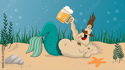 Mermaid man with a glass of beer is resting on the ocean floor