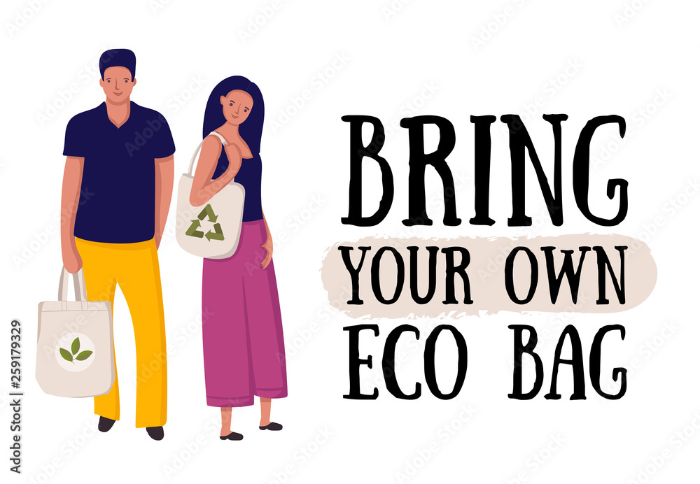 Zero waste lifestyle concept. Colorful banner with people and reusable elements isolated on white background. Vector illustration with eco slogan.