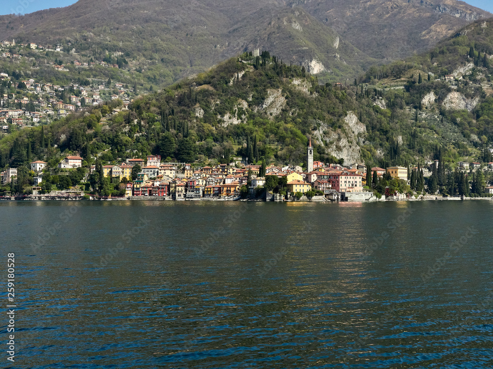 Varenna, Italy  March 30 2019 Far Frontal Lanscape view of  Varenna Town at Lake Como Italy