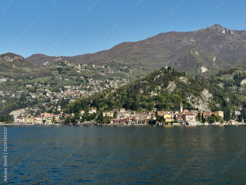 Varenna, Italy  March 30 2019 Far Frontal Lanscape view of  Varenna Town and its surroundings at Lake Como Italy