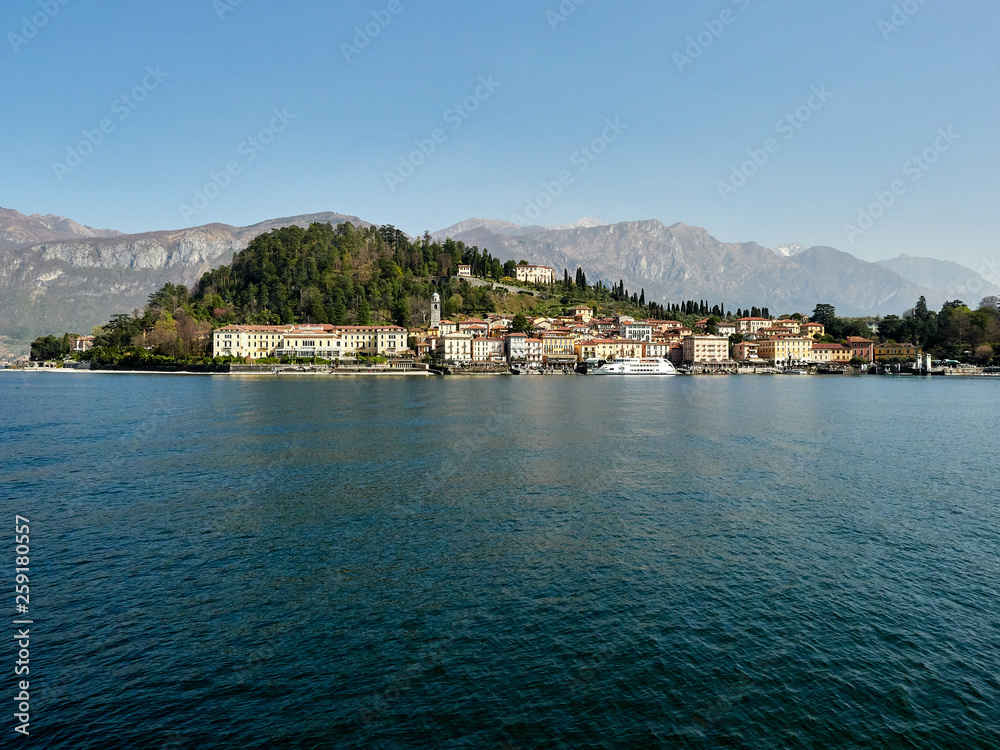 Bellagio, Italy  March 30 2019 Far Frontal Lanscape view of  Bellagio Town
