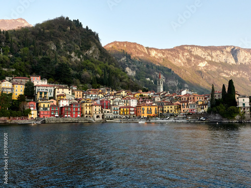 Varenna, Italy March 30 2019 Lanscape view of Varenna Town at Lake Como Italy at sunset far view