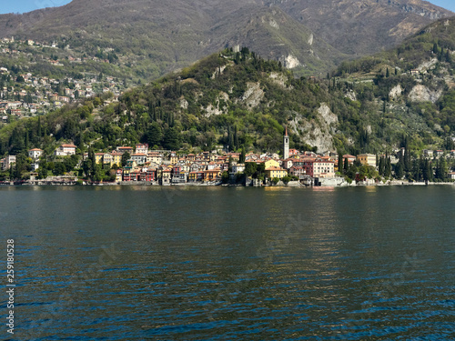 Varenna, Italy March 30 2019 Far Frontal Lanscape view of Varenna Town at Lake Como Italy