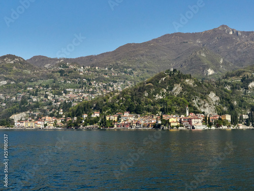 Varenna, Italy March 30 2019 Far Frontal Lanscape view of Varenna Town and its surroundings at Lake Como Italy