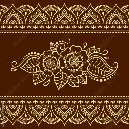 Set of Mehndi flower pattern and seamless border for Henna drawing and tattoo. Decoration in oriental, Indian style.