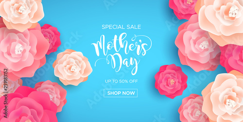 Mothers Day business sale banner with pink flowers