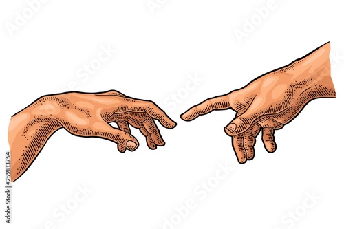 Male finger pointing touch god hand. The Creation of Adam.