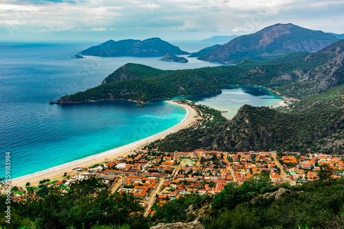 Landscape of Oludeniz Beach and bay, Fethiye, Mugla, Turkey. Aerial Photo from Lycian way. Summer and holiday concept.