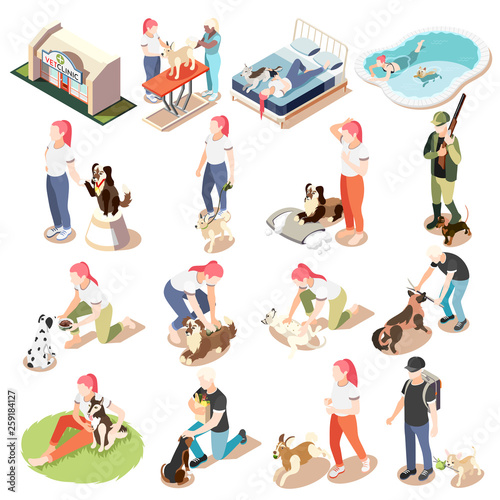 Ordinary Life Of Man And His Dog Isometric Icon Set