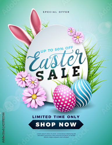Easter Sale Illustration with Color Painted Egg, Spring Flower and Rabbit Ears on Blue Background. Vector Holiday Design Template for Coupon, Banner, Voucher or Promotional Poster.