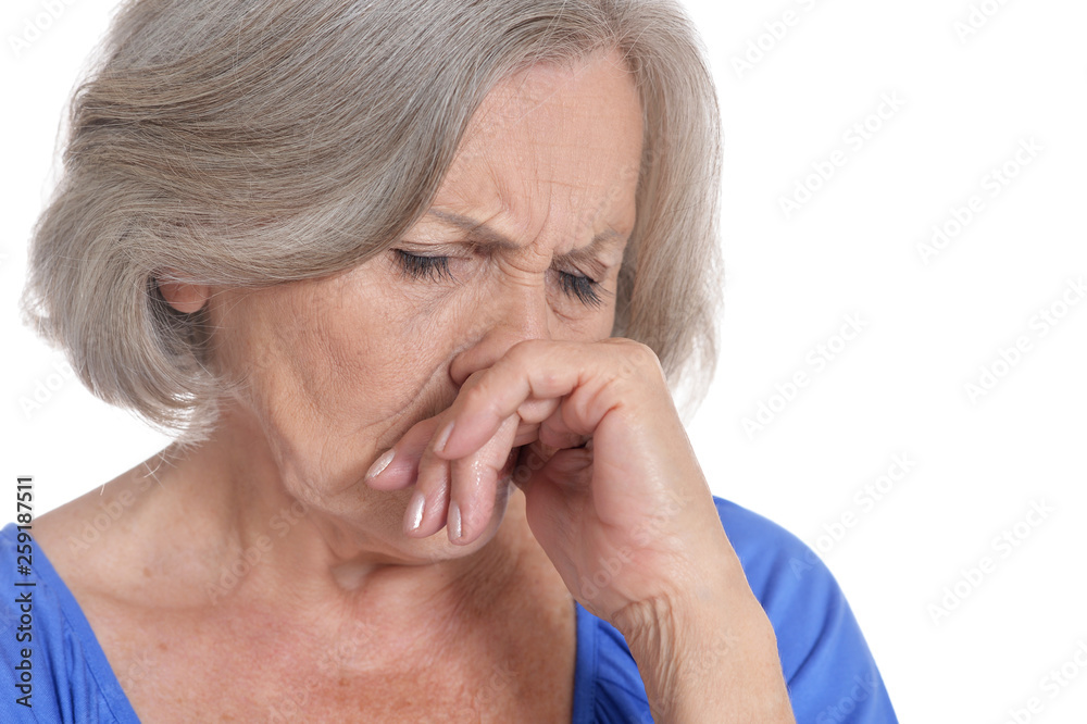 Portrait of sad senior woman on white background Portrait of sad senior woman on white background