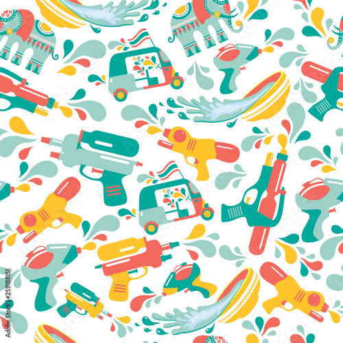 Songkran festival in Thailand. Colorful seamless Pattern with gun,elephant, water, and tuk-tuk.