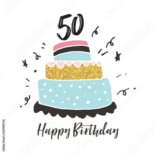 50th birthday hand drawn cake birthday card