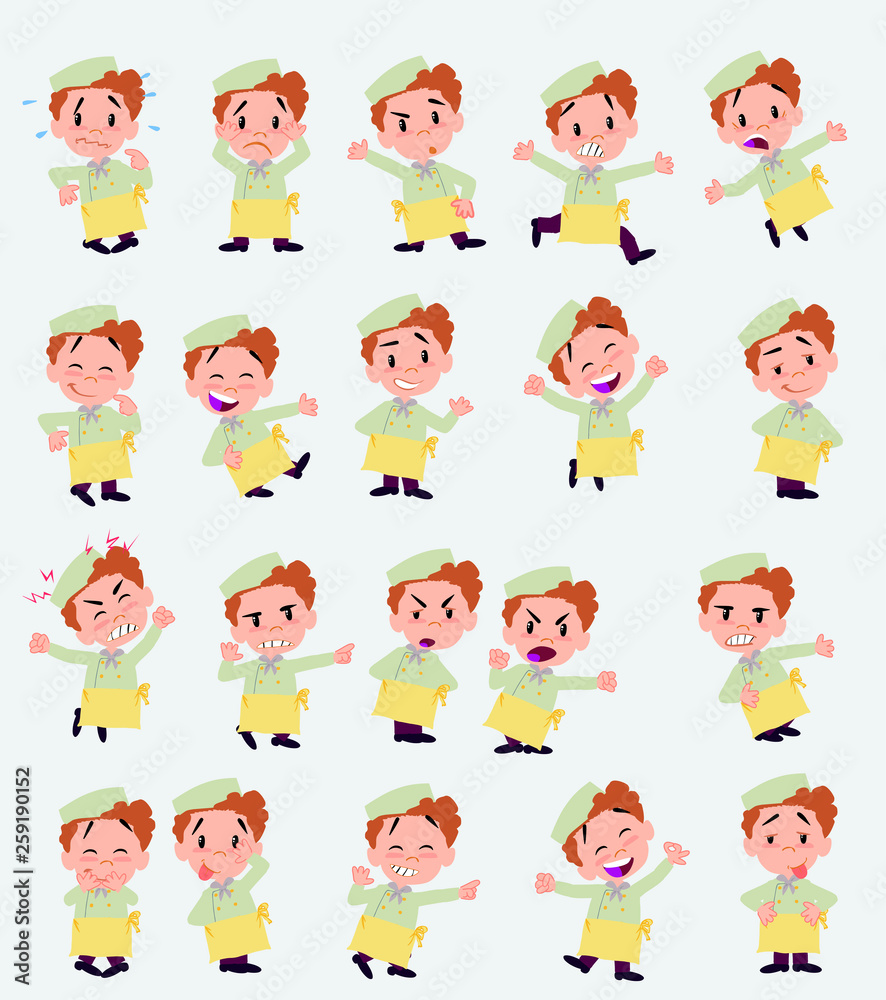 Cartoon character chef. Set with different postures, attitudes and poses, doing different activities in isolated vector illustrations. Cartoon character chef. Set with different postures, attitudes and poses, doing different activities in isolated vector illustrations.