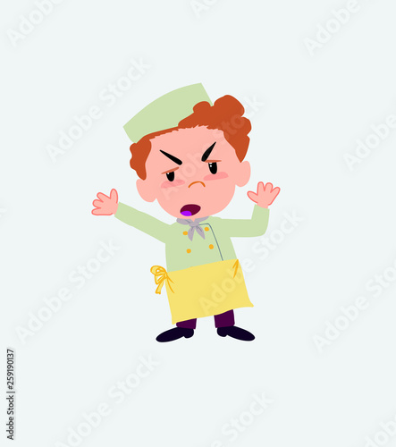 Chef argues something with a gesture of discontent.