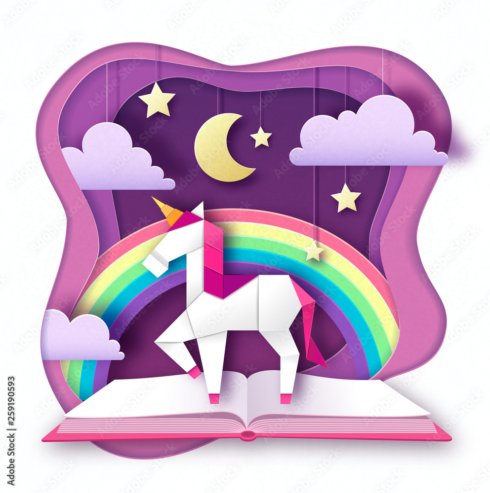 Fantasy animal horse unicorn with rainbow. Cut out paper art style design. Origami