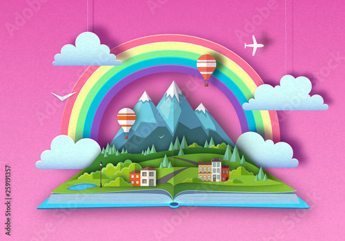 Open fairy tale book with countryside mountains landscape. Cut out paper art style design