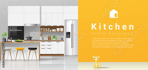 Modern white kitchen with yellow wall background , vector , illustration