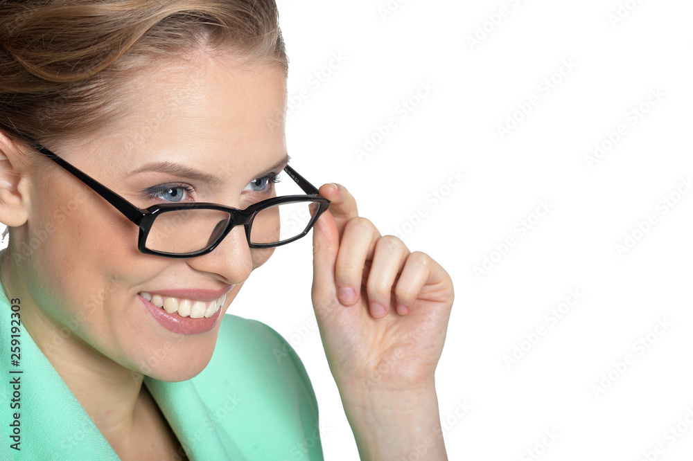 Portrait of beautiful young businesswoman with glasses on posing isolated on white Portrait of beautiful young businesswoman with glasses on posing isolated on white