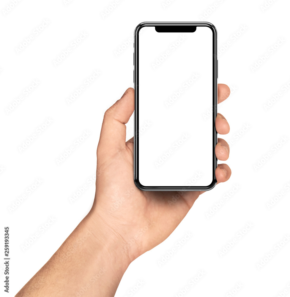 Hand holding smartphone with blank screen isolated on white Stock-Foto |  Adobe Stock