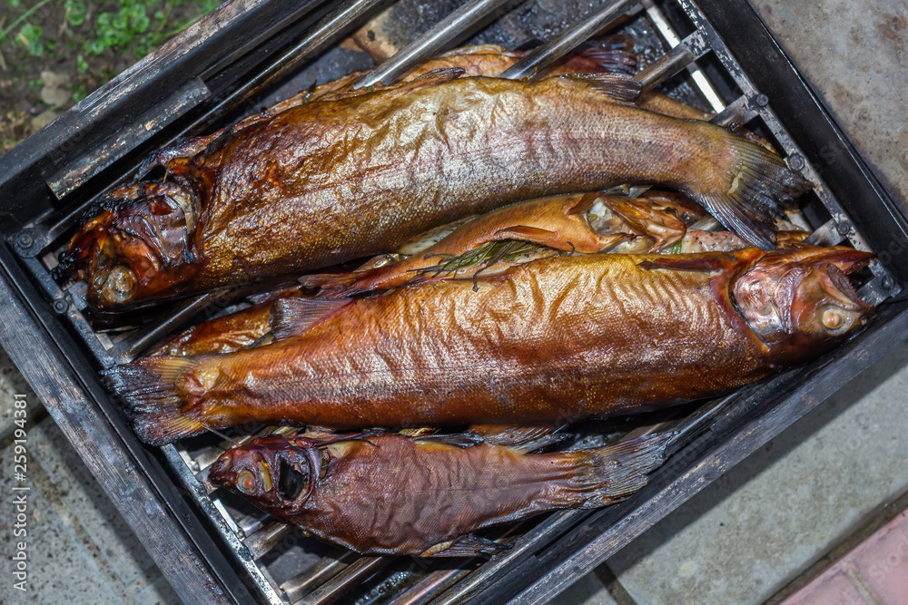Freshly prepared fish in the smokehouse